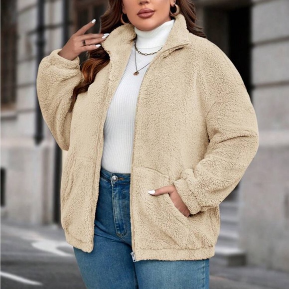 Plus size cost zip up teddy jacket - Picture 8 of 16